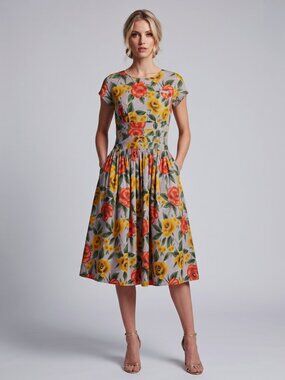 Vintage Designer Floral Cotton Poplin Dress Full Button Back Pockets Lined Skirt